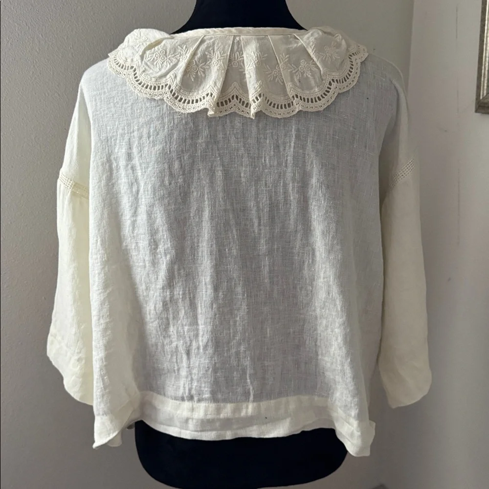 Plenty by Tracy Reese Embroidered boho ivory boxy split neck‎ lace collar Top